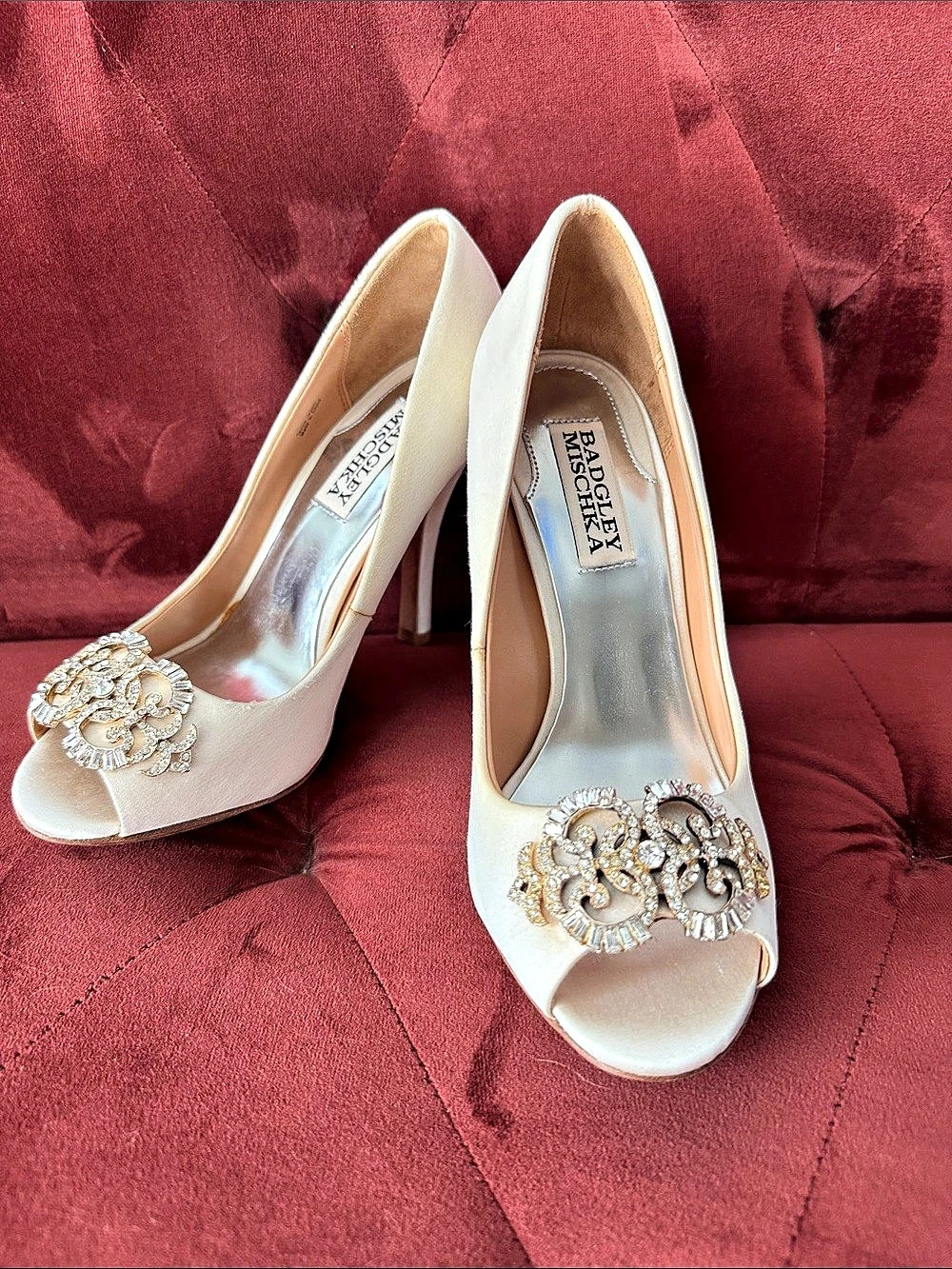Badgley Mischka White Embellished Peep-Toe Heels